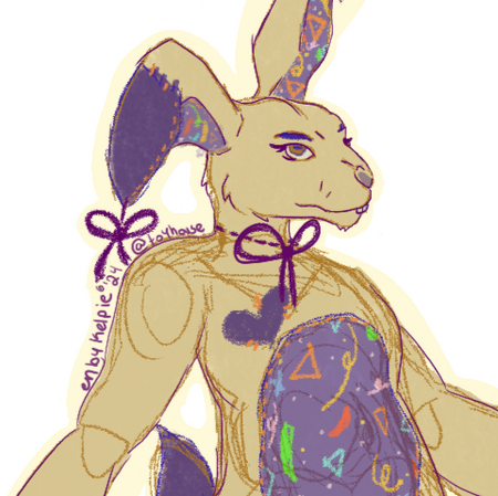 Digital art of an anthropomorphic plush rabbit, standing with his arms stretched out. His fur is mostly cream colored, with his tail, left leg, and half of his right ear a darker purple fabric. His stomach is a purple, arcade-carpet style fabric.