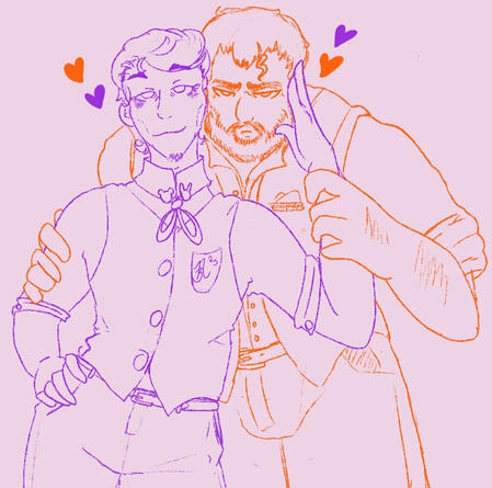 Digital art of two men front facing, one lined in purple, the other with orange. The purple man has his hand on the orange man's face, while the orange man has one hand around purple's left wrist, and the other on his right bicep. Purple looks very smug, o